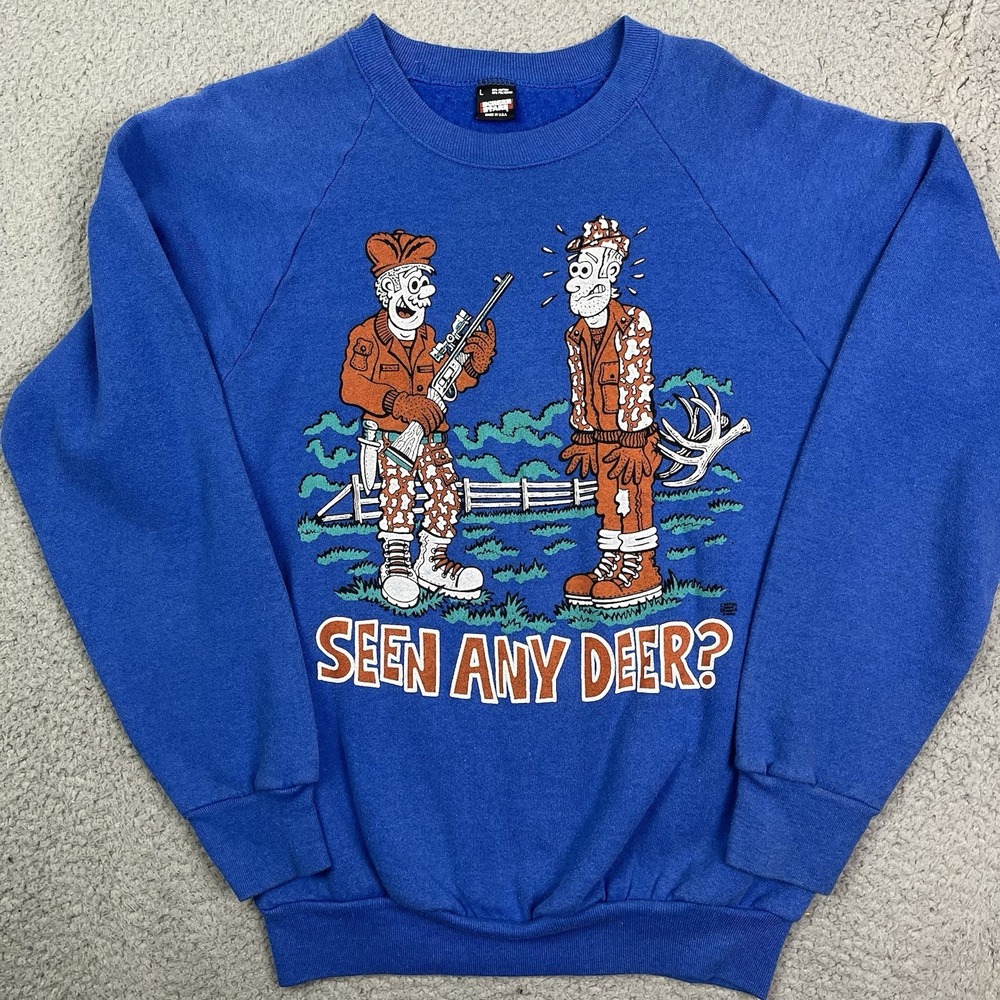 Vintage Hunting Sweatshirt Funny Cartoon Hunting "Seen any Deer?" 90s Nature